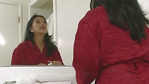 Seeing herself in the mirror made the Asian mature horny and in need of a hard cock. Because she`s all alone this bitch will have to handle it herself but luckily she has a dildo in the drawer. That babe strips and plays with these small tits previous to 