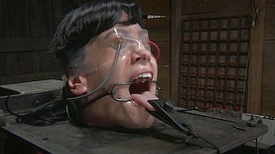 Elise tries to scream for help, but the word can`t be made out because of the clamps around her throat and tongue. He master turns up the force on the electrodes attached to her face and pussy and that babe nearly passes out.