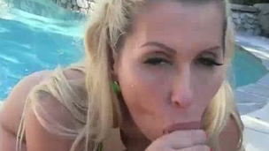 Gorgeous blond MILF Savana Styles sucked kinky man off by the pool