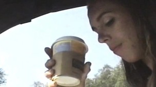 Trashy hottie with tiny wobblers receives screwed hard and creampied in the car