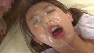 Sayaka Miura legs strapped jointly and dudes cum all over her face.