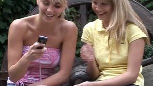 Blondes with flawless whoppers have pretty lesbo sex outdoors