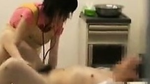 Affable nurse gives her patient a cook jerking and then sucks h