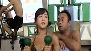 Oriental babe works out in her leopard bikini and gets grope