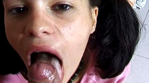 Tiny brunette hair giving a sexy oral sex for big ramrod