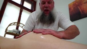 Old masseur with hairy beard licks and fucks client's cum-hole